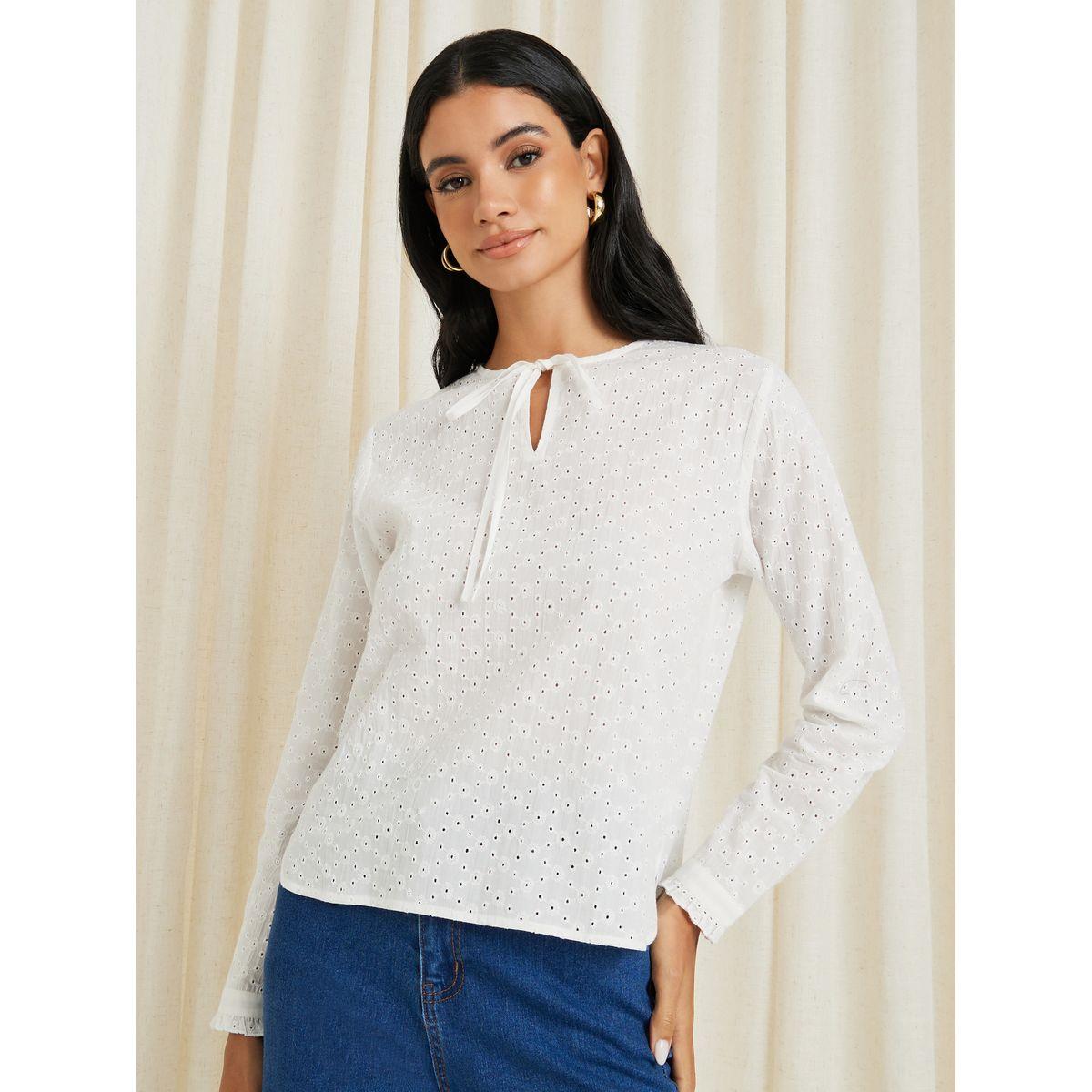 Styli Schiffli Tie-Up Neck Regular Fit Blouse-women-clothing-shirtsandblouses-blouses-image-3