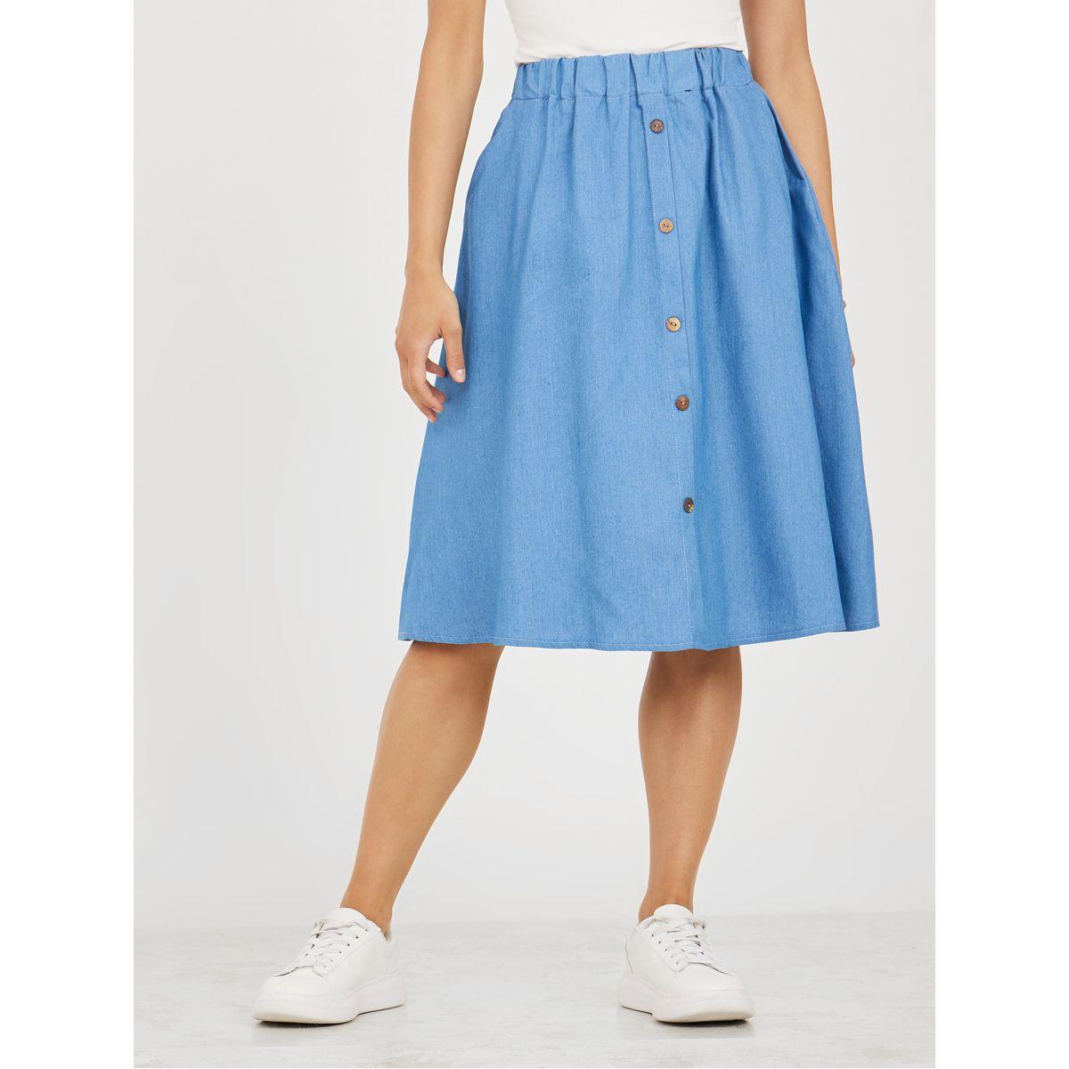 Styli Solid Button Placket Knee Length Skirt-women-clothing-bottoms-skirts-image-1