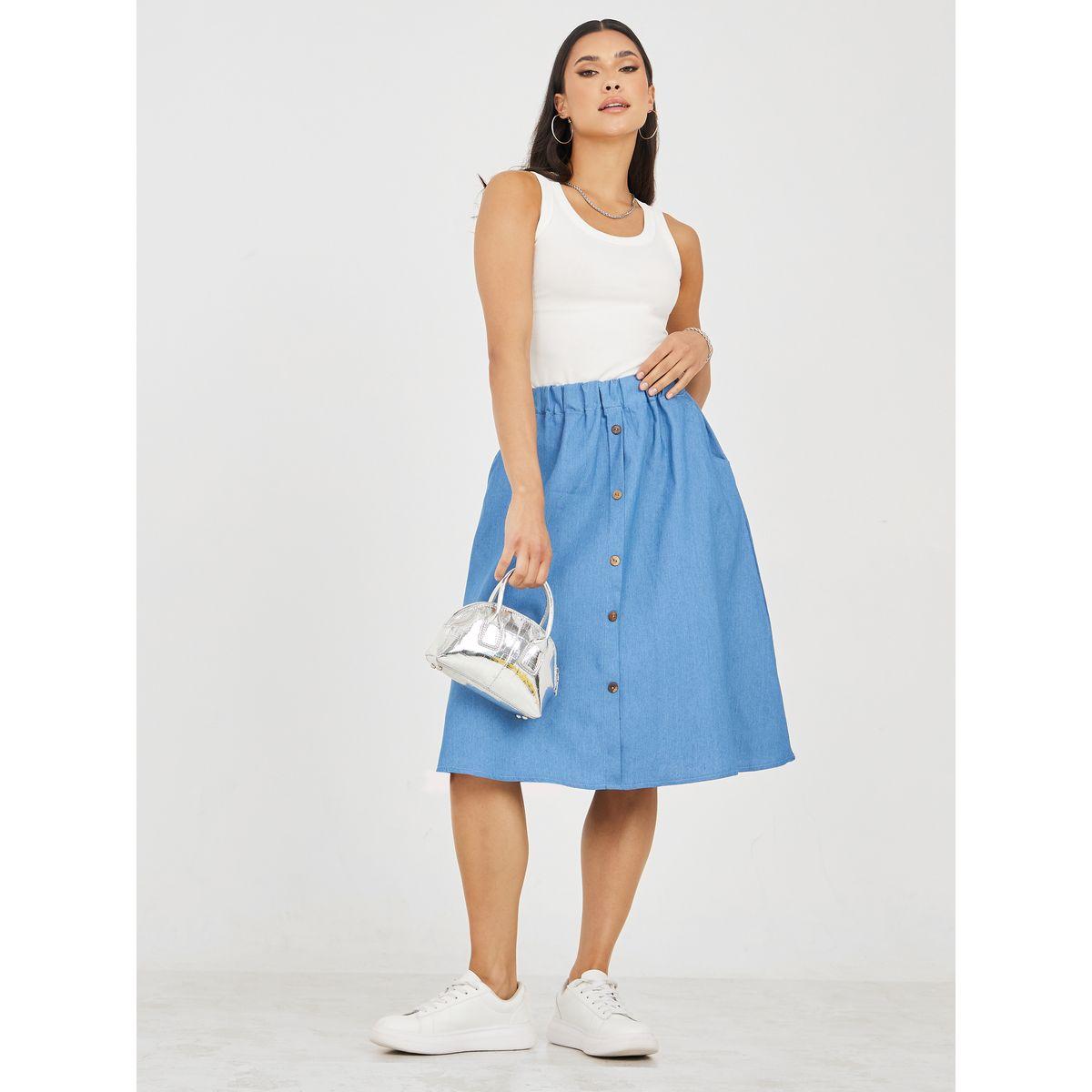 Styli Solid Button Placket Knee Length Skirt-women-clothing-bottoms-skirts-image-2