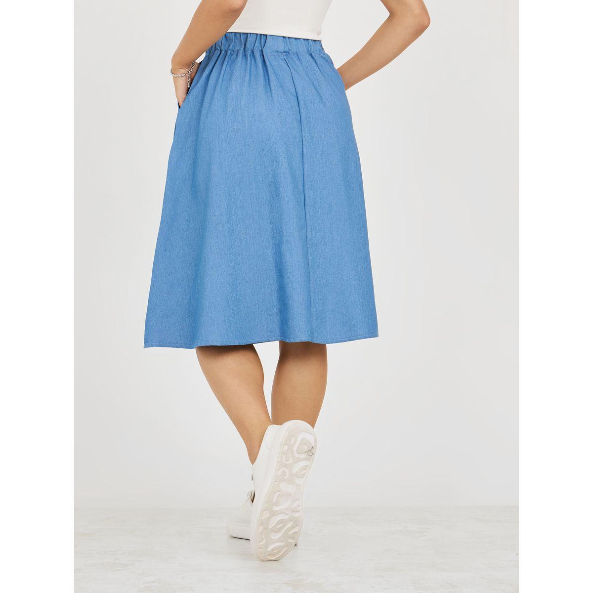 Styli Solid Button Placket Knee Length Skirt-women-clothing-bottoms-skirts-image-4