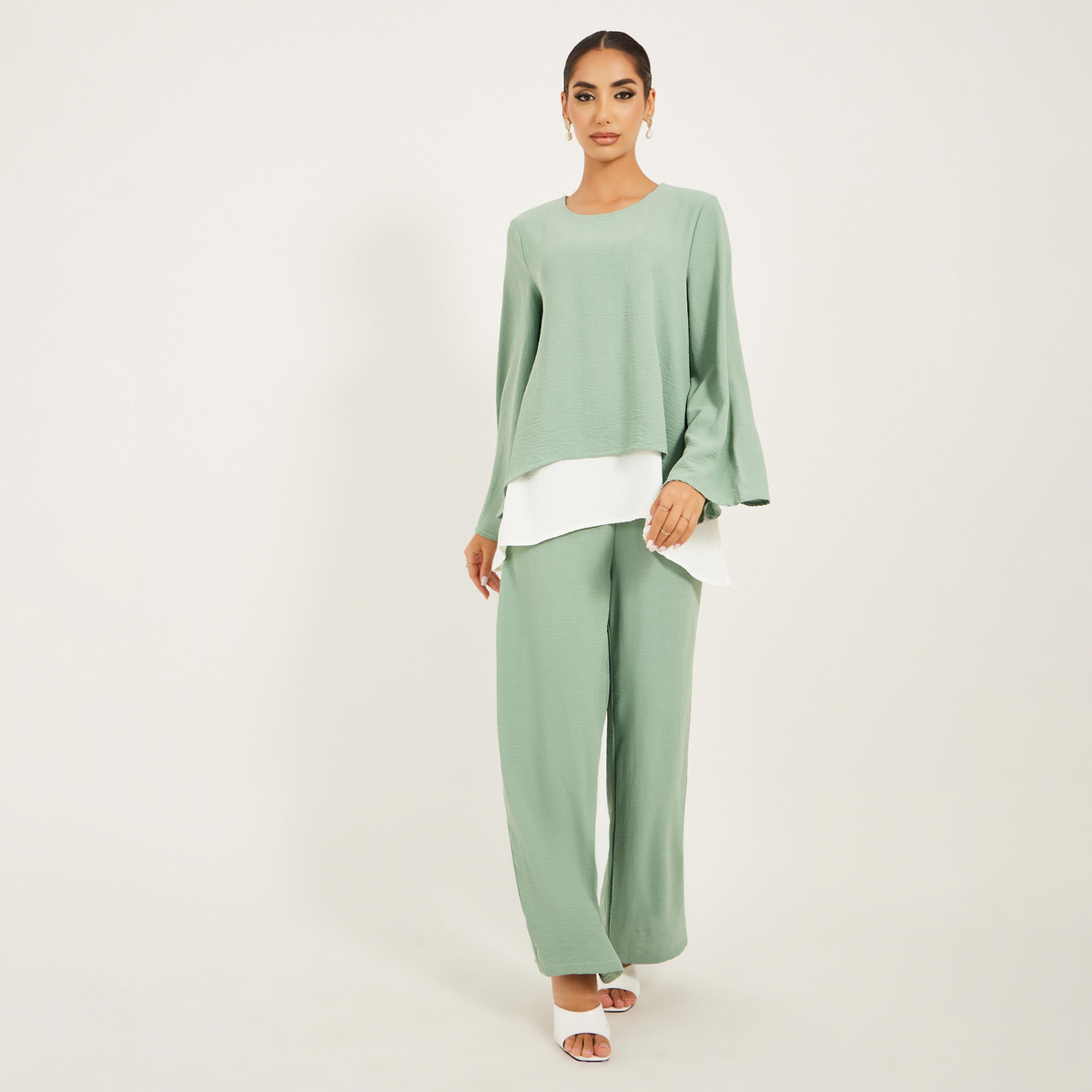 ستايلي - طقم مكون من بنطال واسع الساق وقميص طويل-women-arabicclothing-sets-image-1