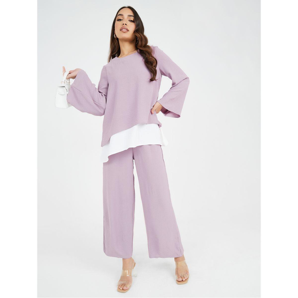 Styli Contrast Hem Longline Top & Wide Leg Trouser Modest Set-women-clothing-dresses-image-1