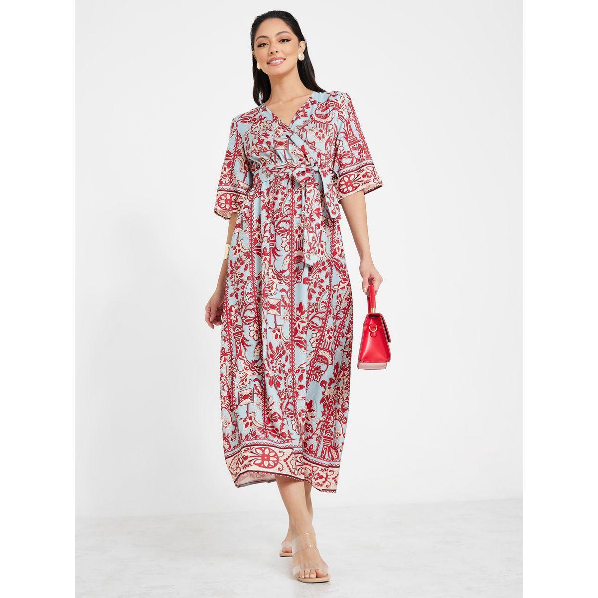 Styli All Over Print V Neck Maxi Dress with Tie Belt-women-clothing-dresses-image-1