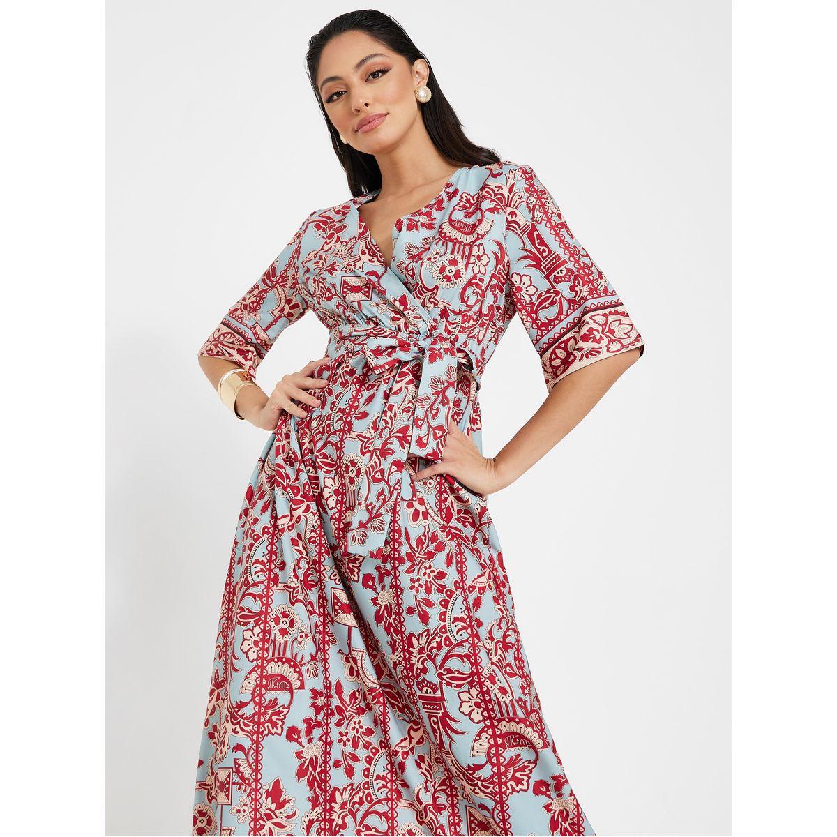 Styli All Over Print V Neck Maxi Dress with Tie Belt-women-clothing-dresses-image-2