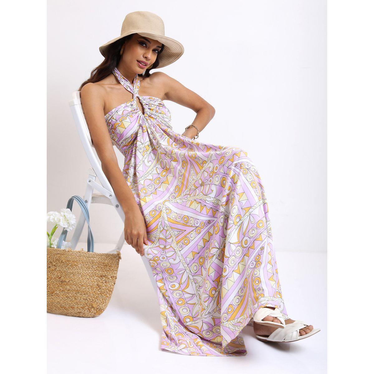 Ketch X Styli Geo Print Halter Neck Smocked Maxi Dress-women-clothing-dresses-image-1