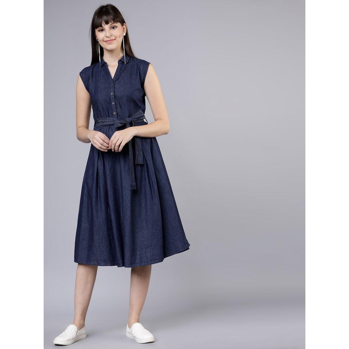 Tokyo Talkies X Styli Button Placket Denim Shirt Dress with Tie Belt-women-clothing-dresses-image-1