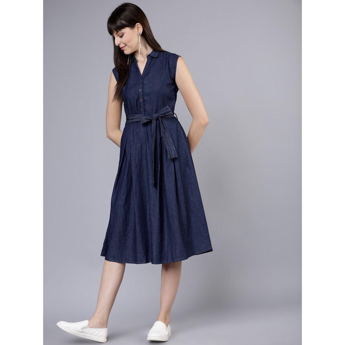 Tokyo Talkies X Styli Button Placket Denim Shirt Dress with Tie Belt-women-clothing-dresses-image-2
