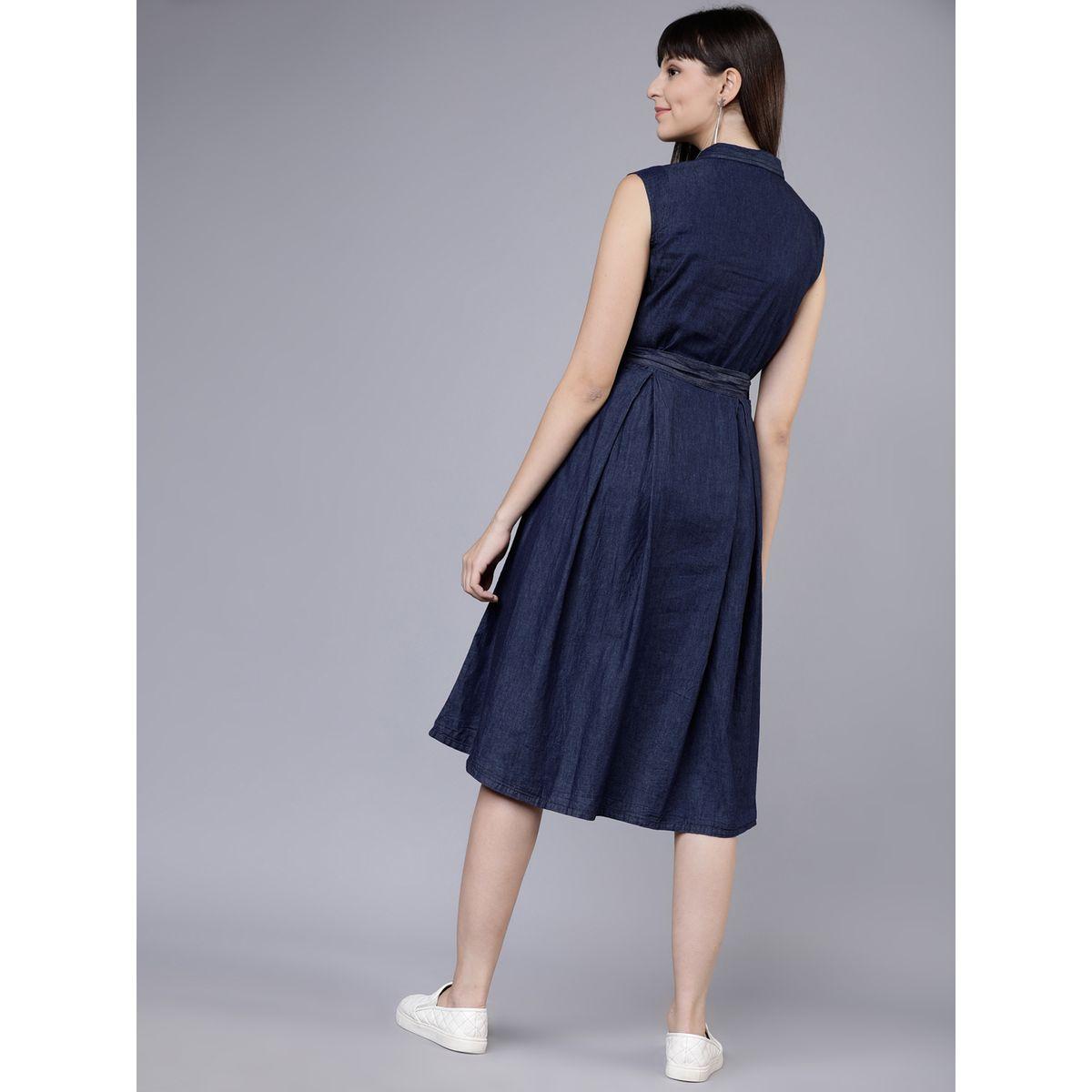 Tokyo Talkies X Styli Button Placket Denim Shirt Dress with Tie Belt-women-clothing-dresses-image-3