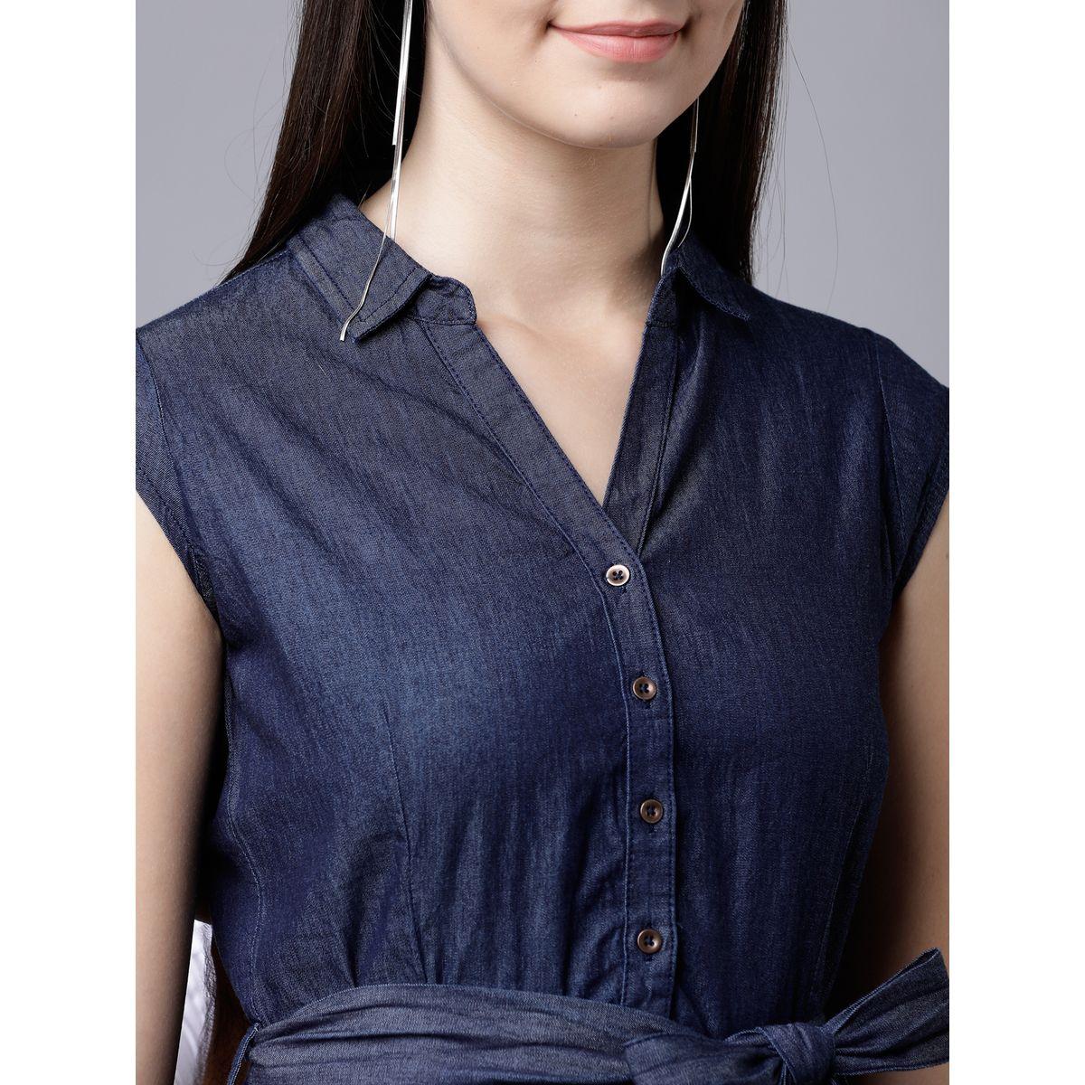 Tokyo Talkies X Styli Button Placket Denim Shirt Dress with Tie Belt-women-clothing-dresses-image-5