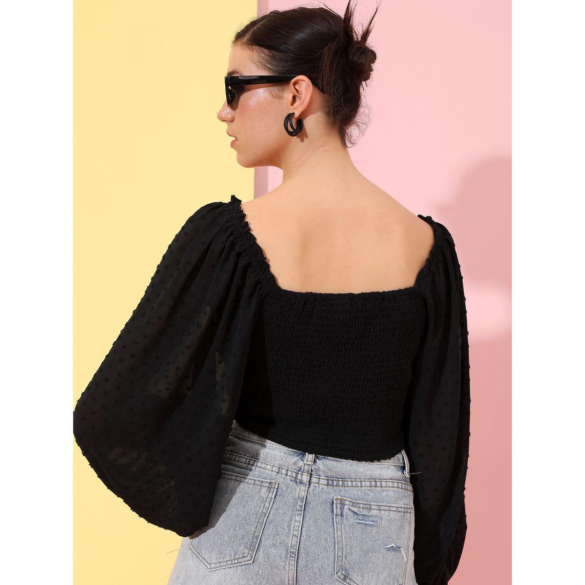 Tokyo Talkies X Styli Dobby Square Neck Bishop Sleeve Crop Top-women-clothing-shirtsandblouses-blouses-image-3