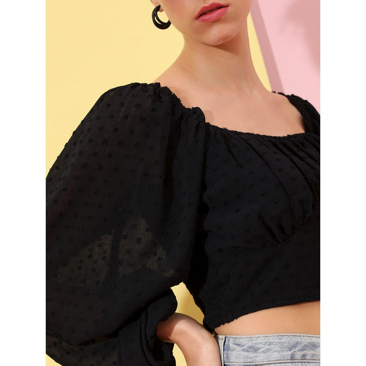 Tokyo Talkies X Styli Dobby Square Neck Bishop Sleeve Crop Top-women-clothing-shirtsandblouses-blouses-image-5
