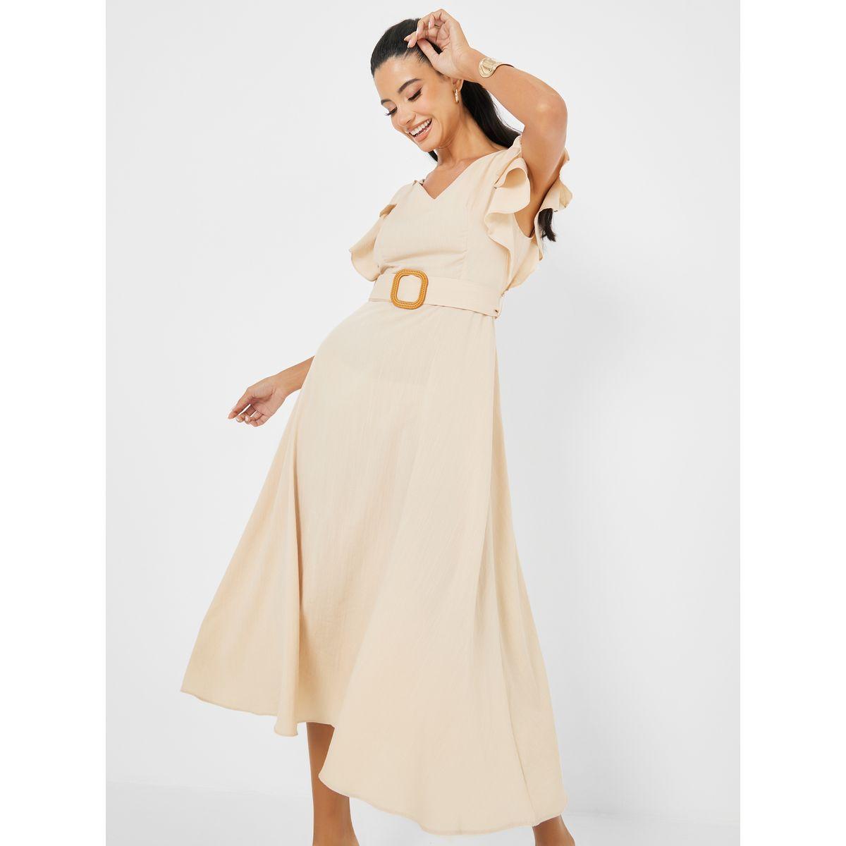 فستان ميدي بحزام وكشكش-women-clothing-dresses-image-1