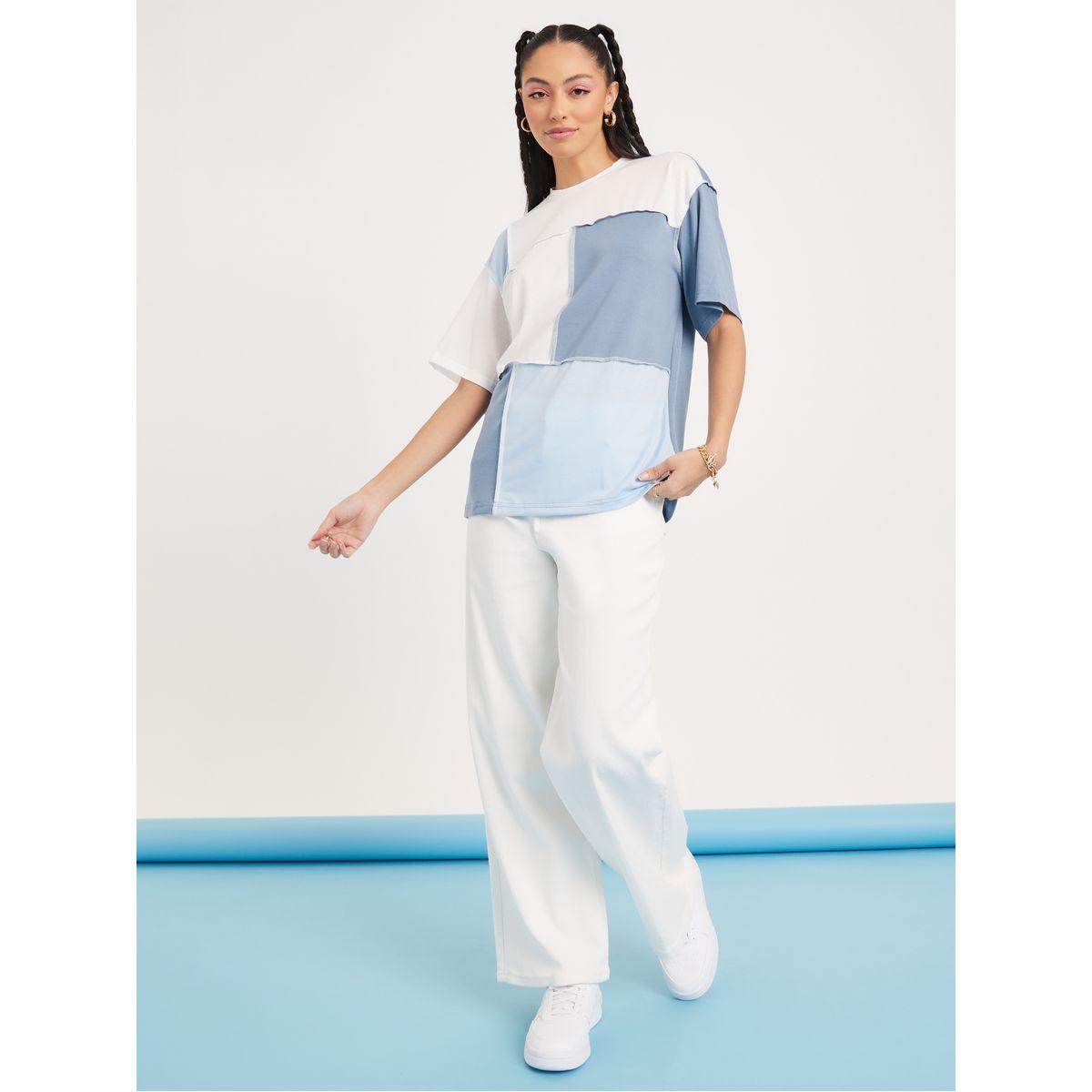 Styli Elevate Oversized Colorblock T-shirt with Contrast Overlock-women-clothing-tshirts-image-2
