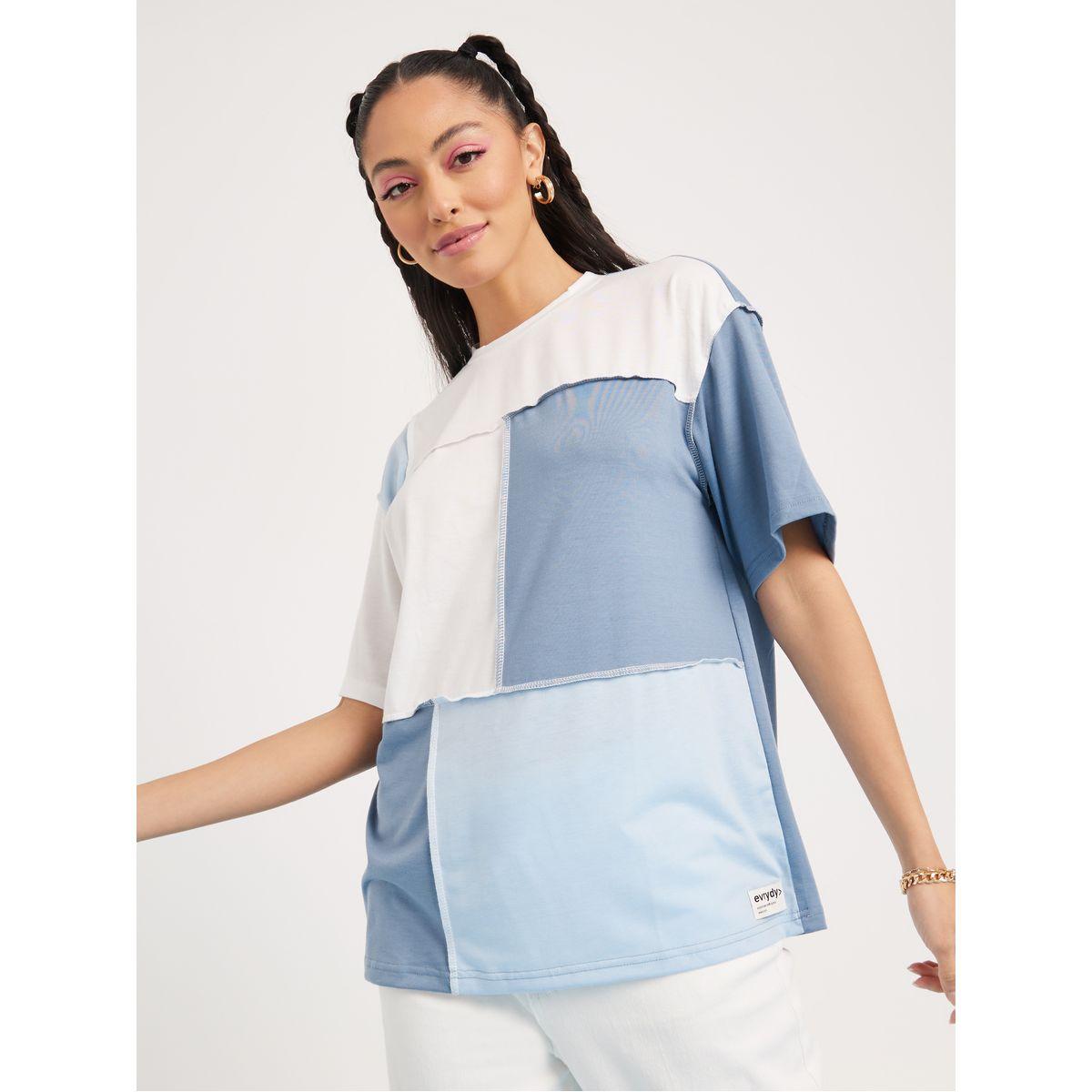 Styli Elevate Oversized Colorblock T-shirt with Contrast Overlock-women-clothing-tshirts-image-3