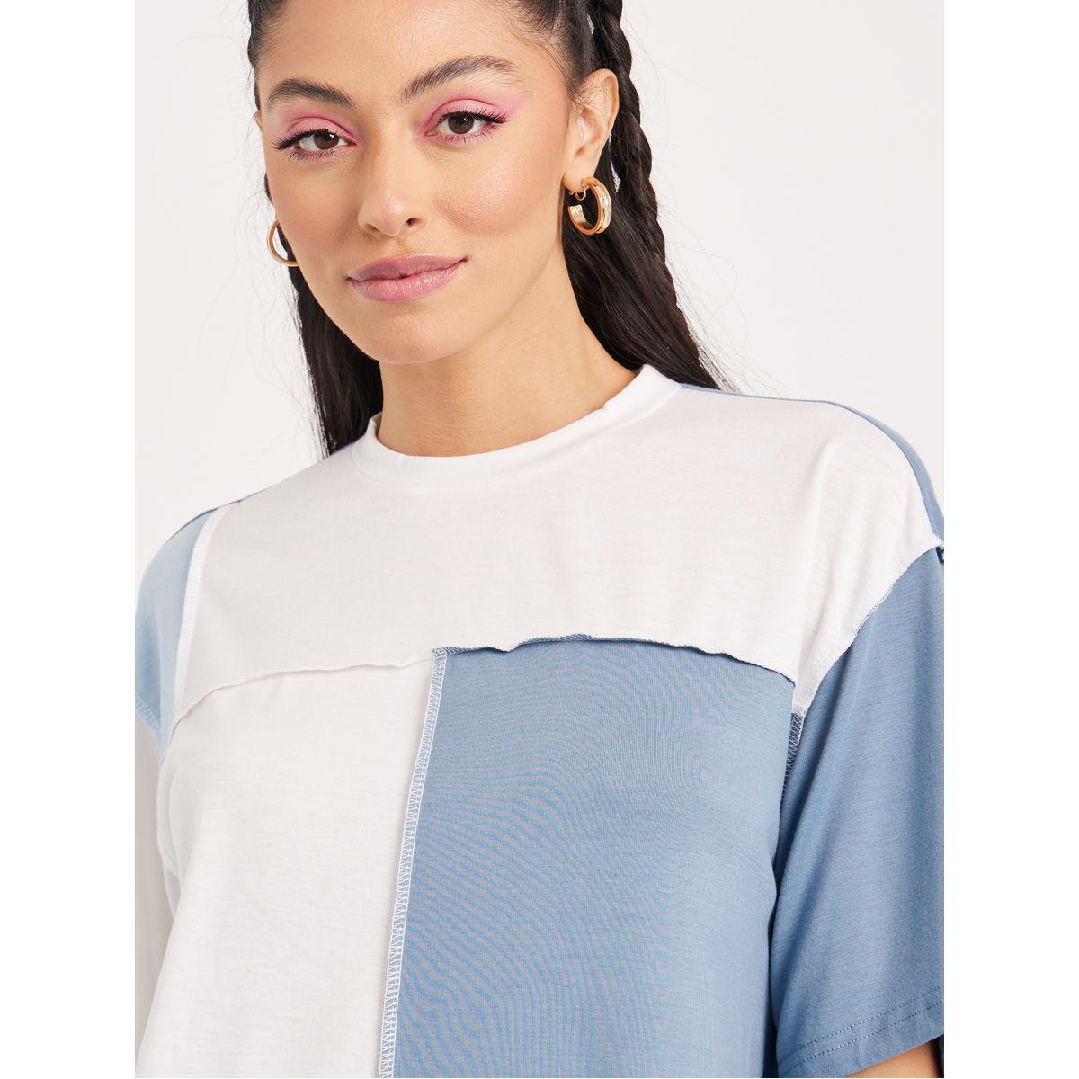 Styli Elevate Oversized Colorblock T-shirt with Contrast Overlock-women-clothing-tshirts-image-4