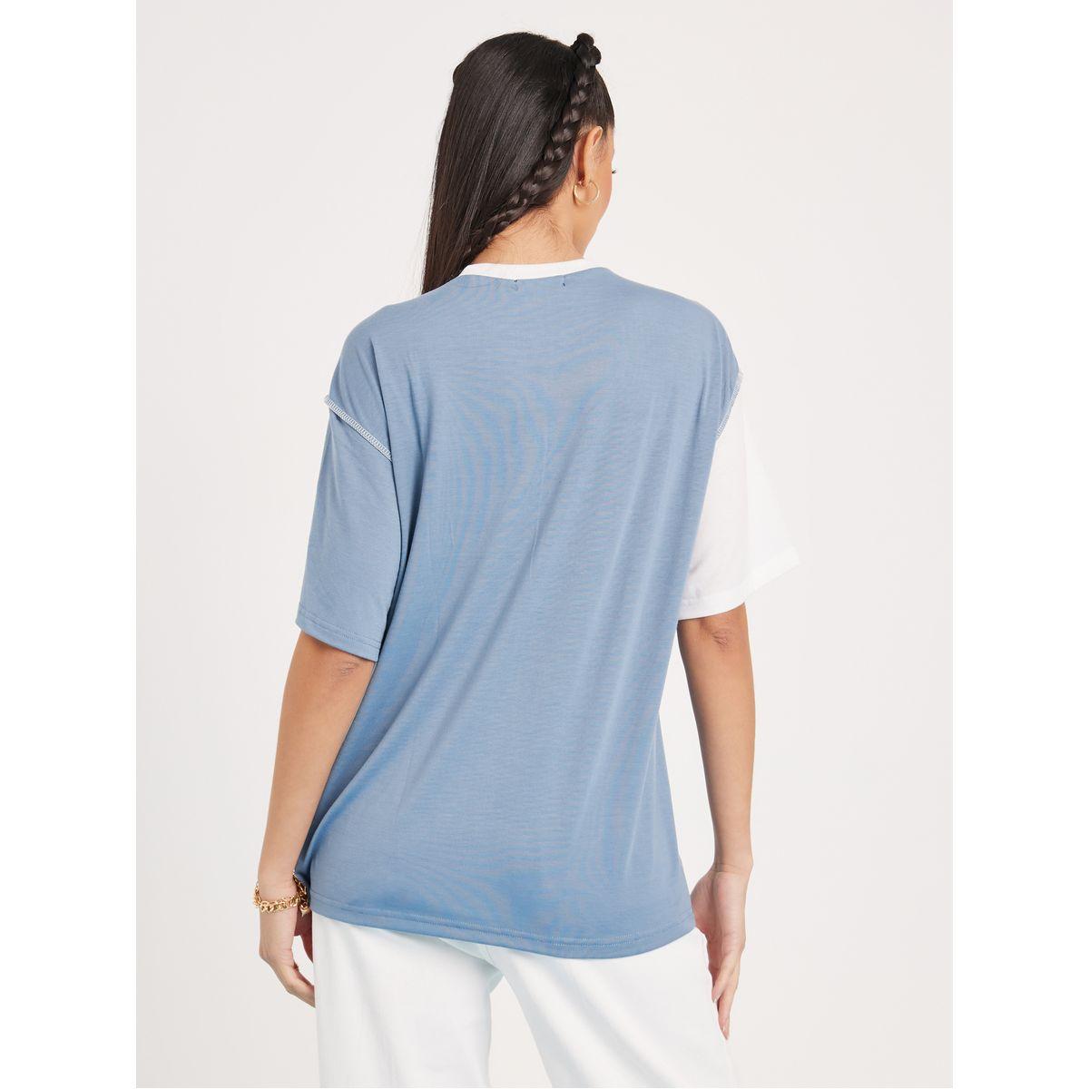 Styli Elevate Oversized Colorblock T-shirt with Contrast Overlock-women-clothing-tshirts-image-5