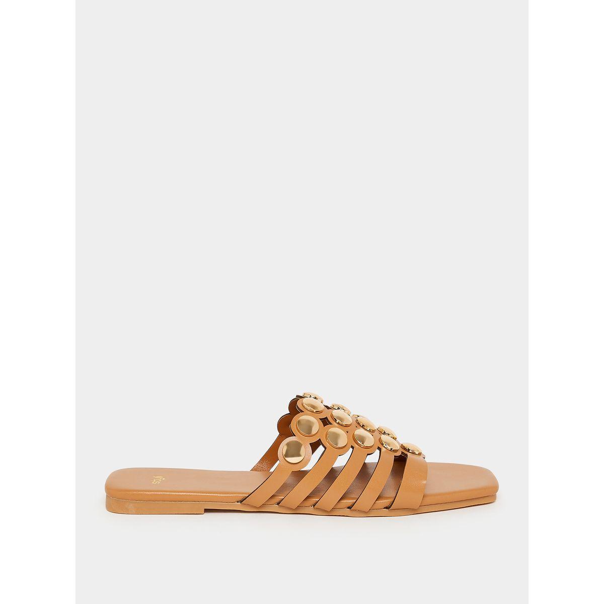 Styli Cut-Out Strap Gold Embellishment Flat Sandals-women-shoes-sandals-flats-image-2