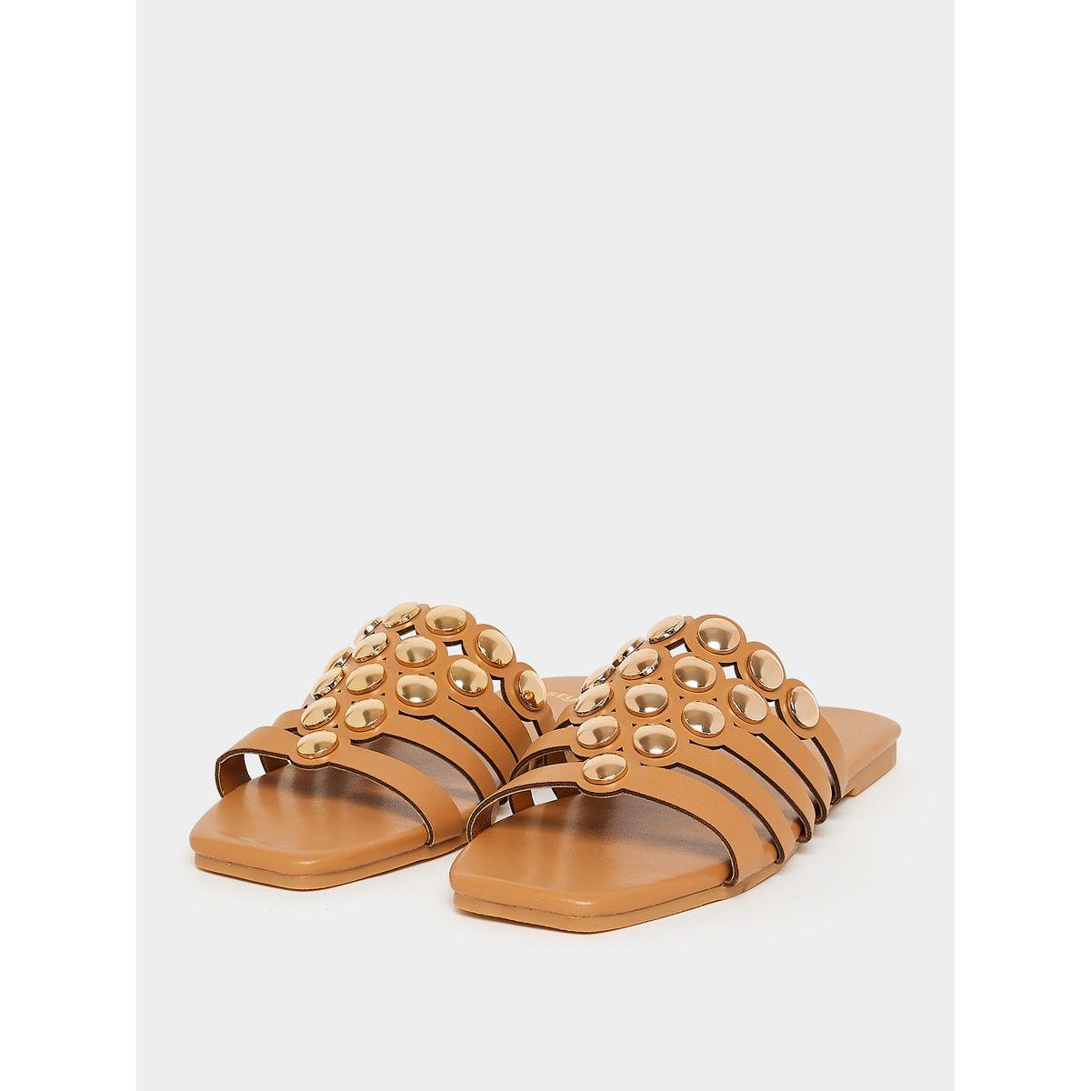Styli Cut-Out Strap Gold Embellishment Flat Sandals-women-shoes-sandals-flats-image-3