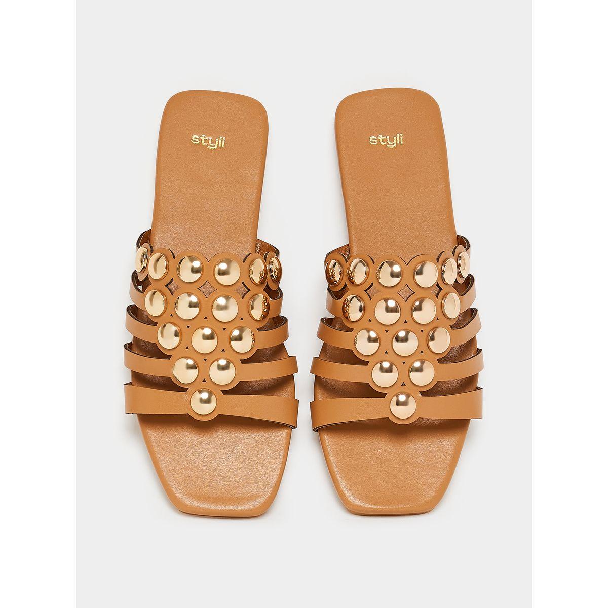 Styli Cut-Out Strap Gold Embellishment Flat Sandals-women-shoes-sandals-flats-image-5