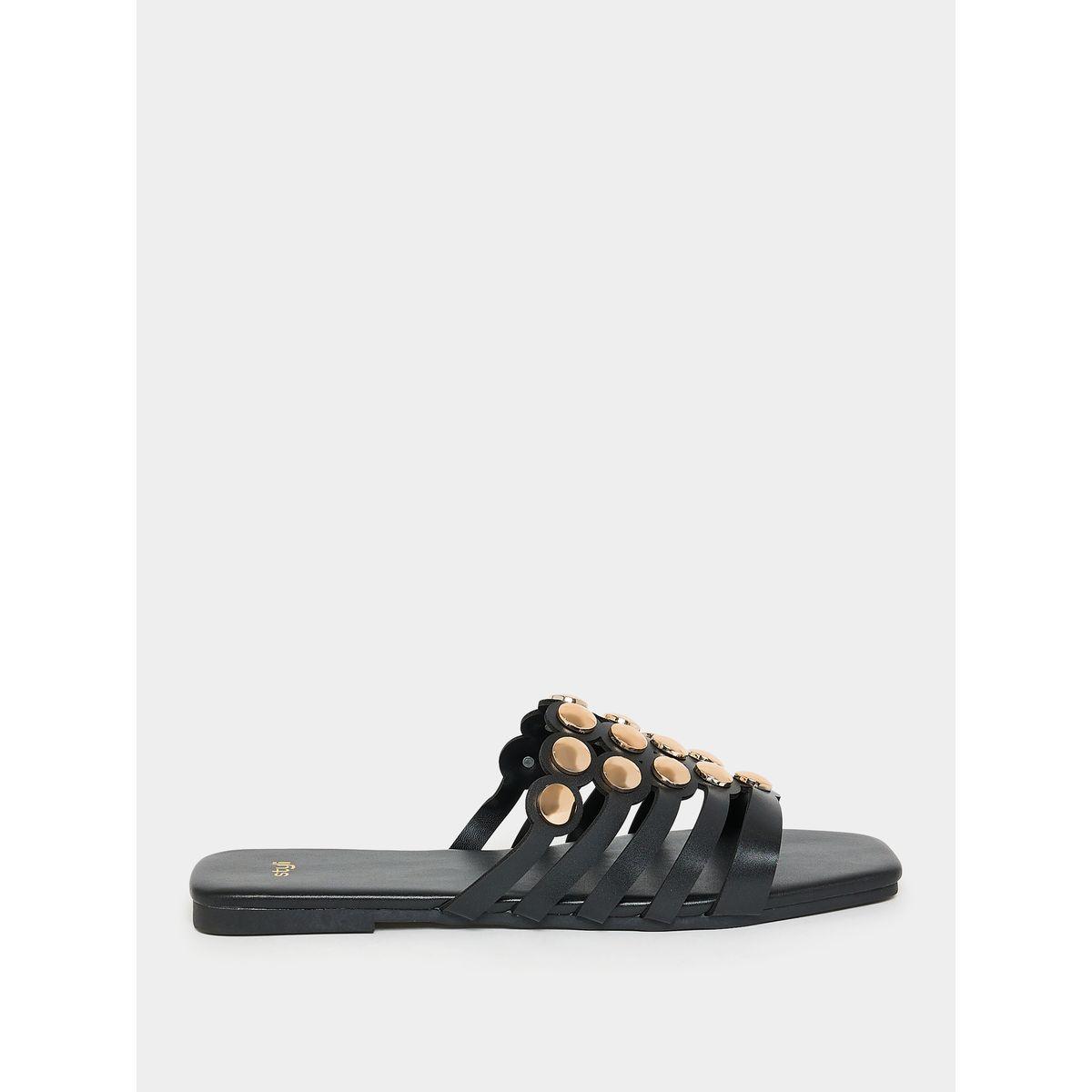 Styli Cut-Out Strap Gold Embellishment Flat Sandals-women-shoes-sandals-flats-image-2