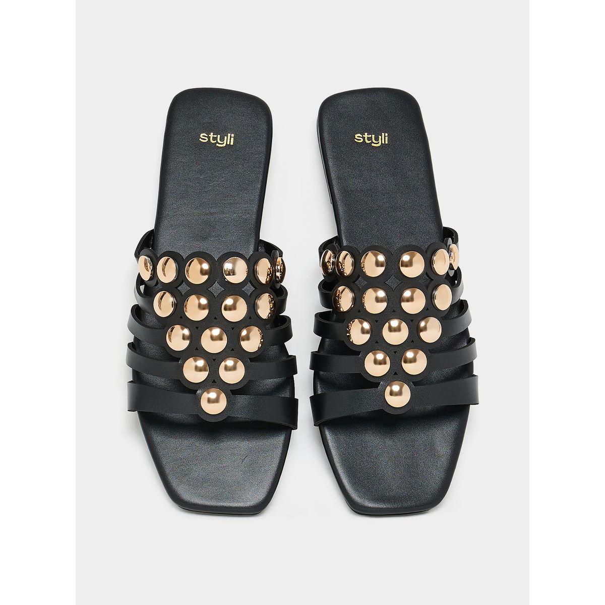 Styli Cut-Out Strap Gold Embellishment Flat Sandals-women-shoes-sandals-flats-image-5
