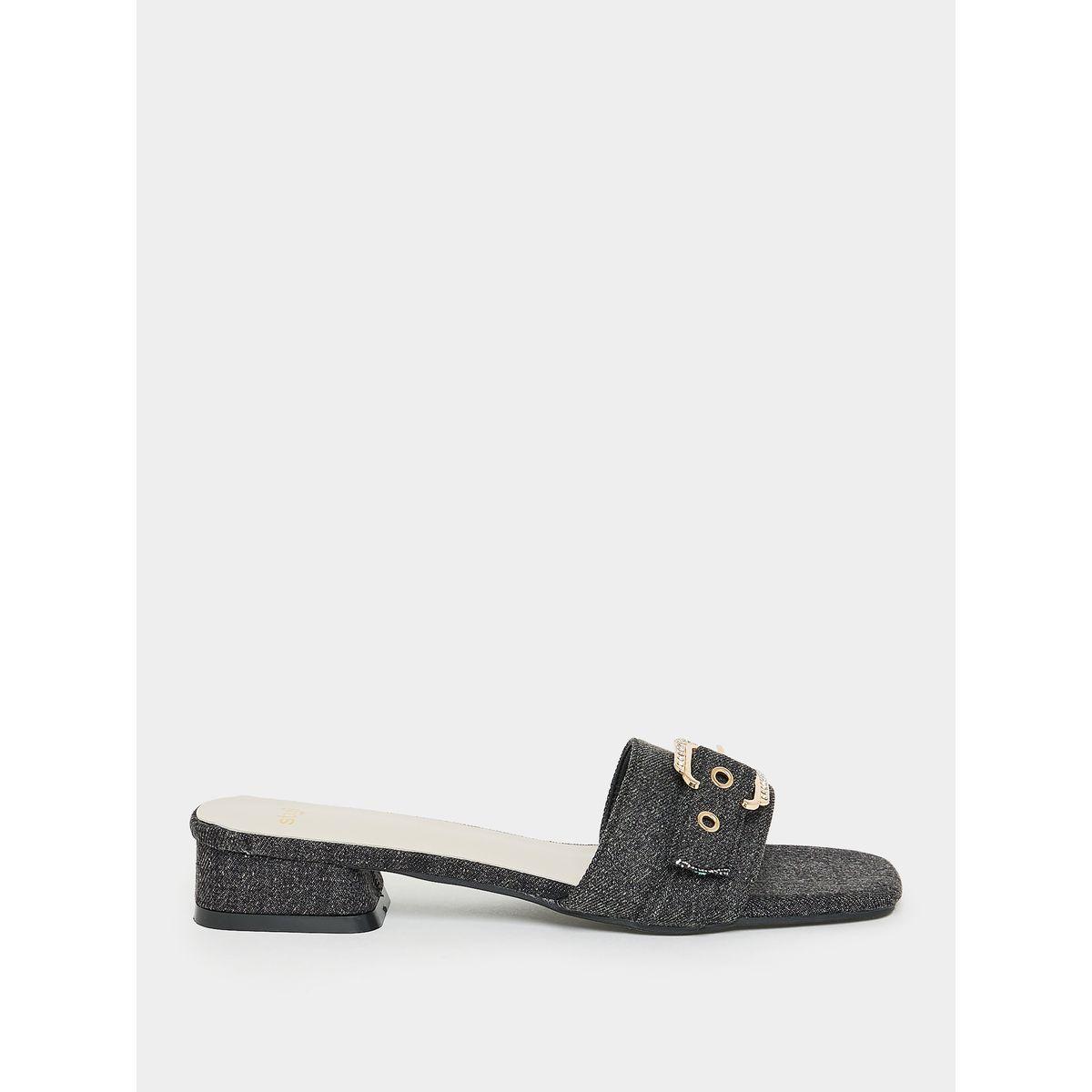 Styli Denim Look Buckle Accent Low Heel Sandals-women-shoes-heels-image-2