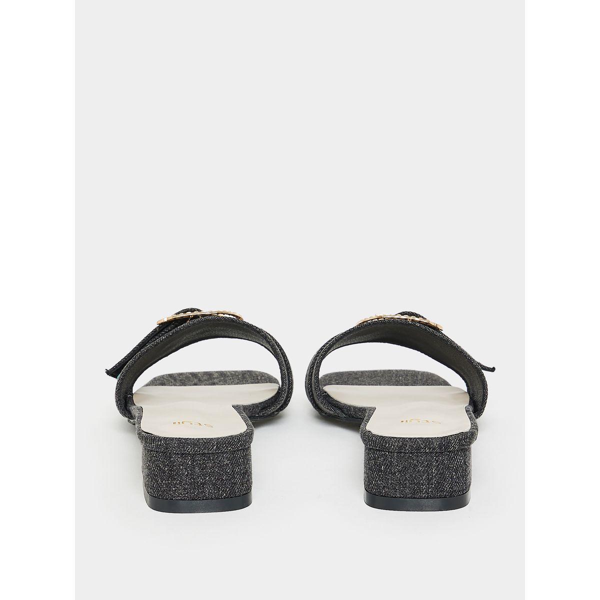 Styli Denim Look Buckle Accent Low Heel Sandals-women-shoes-heels-image-4