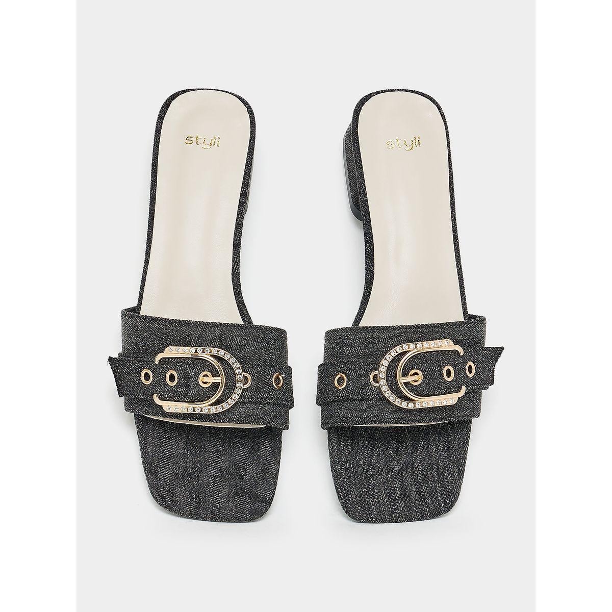Styli Denim Look Buckle Accent Low Heel Sandals-women-shoes-heels-image-5