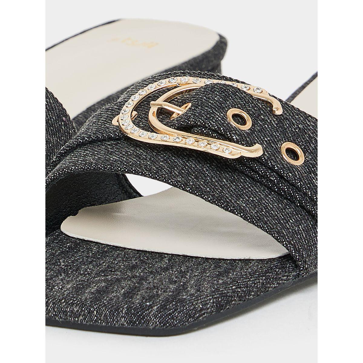 Styli Denim Look Buckle Accent Low Heel Sandals-women-shoes-heels-image-6
