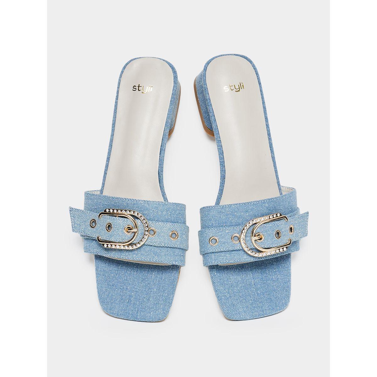 Styli Denim Look Buckle Accent Low Heel Sandals-women-shoes-heels-image-4