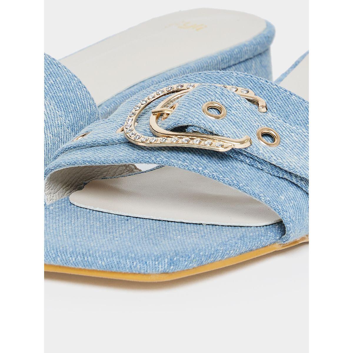 Styli Denim Look Buckle Accent Low Heel Sandals-women-shoes-heels-image-5