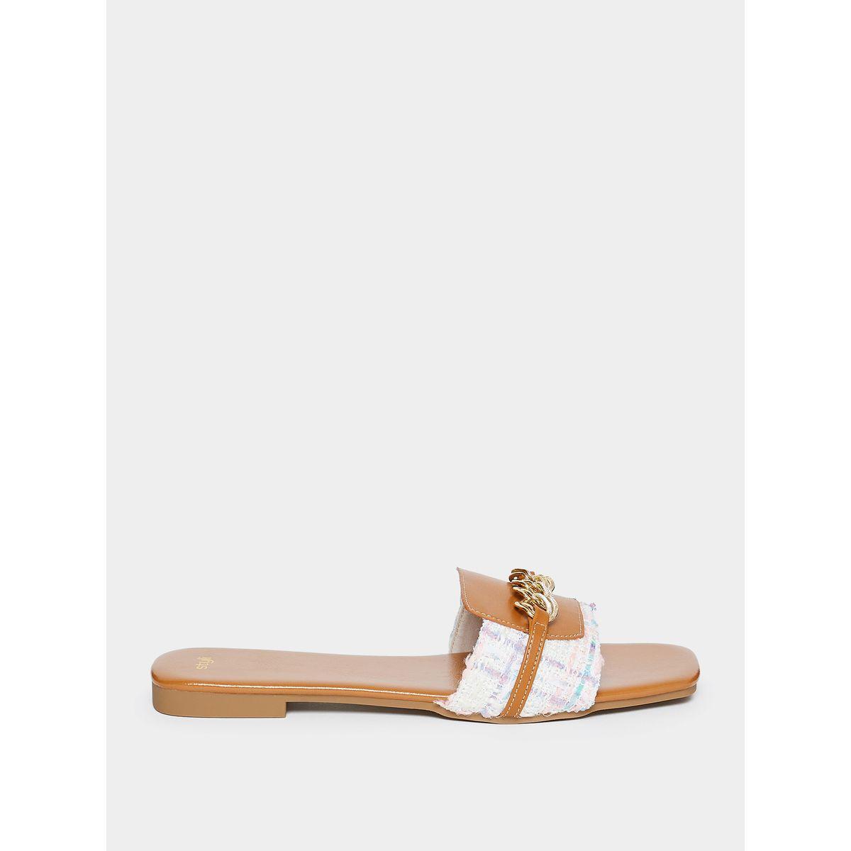 Styli Chain Link Tweed Look Strap Flat Sandals-women-shoes-sandals-flats-image-1