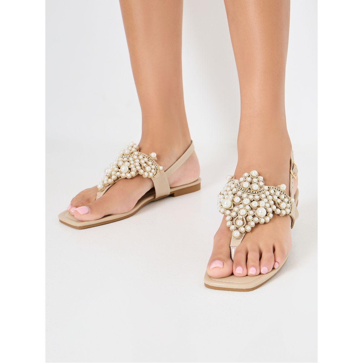 Styli Pearl Embellished Pointed Toe Flat Sandal-women-shoes-sandals-flats-image-1