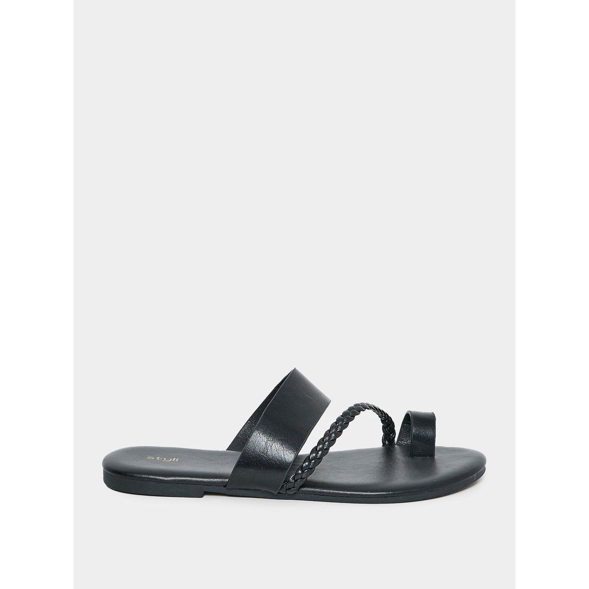 Styli Solid Round Toe Braided Strap Detail Flat Sandal-women-shoes-sandals-flats-image-1