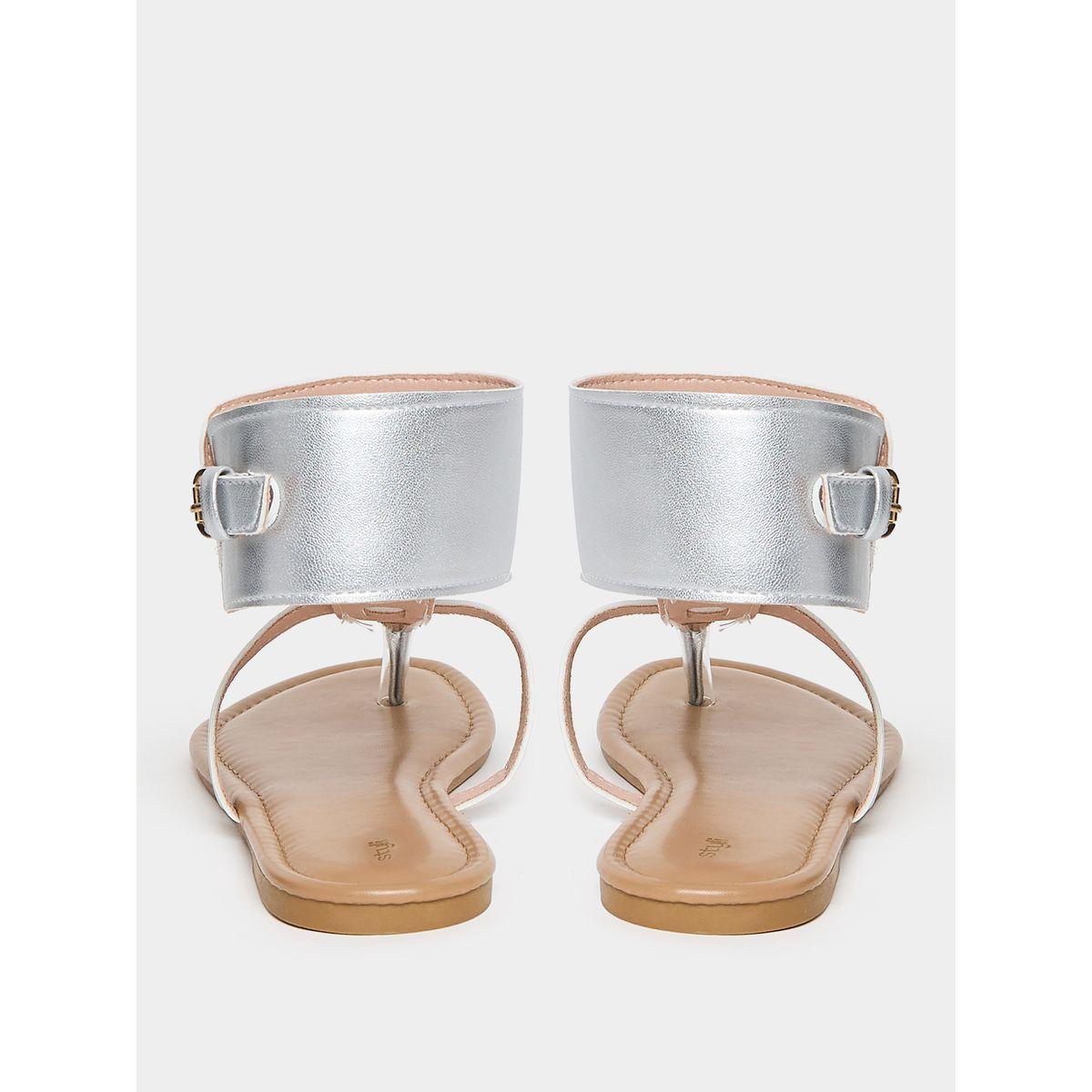 Styli Metallic Round Toe Thick Ankle Strap Buckle Flat Sandal-women-shoes-sandals-flats-image-4