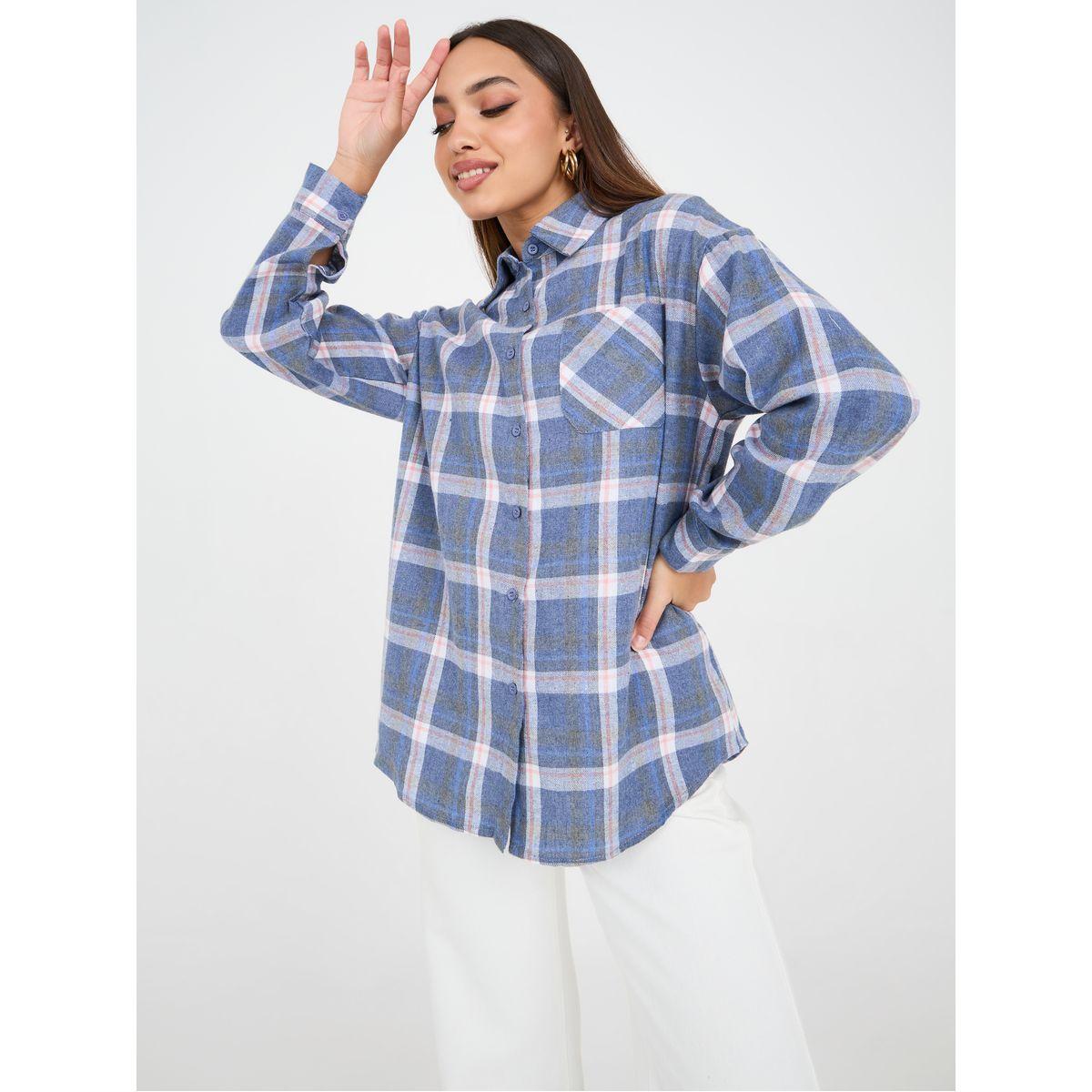 Styli Checked Oversized Longline Shirt with Patch Pocket-women-clothing-shirtsandblouses-shirts-image-3