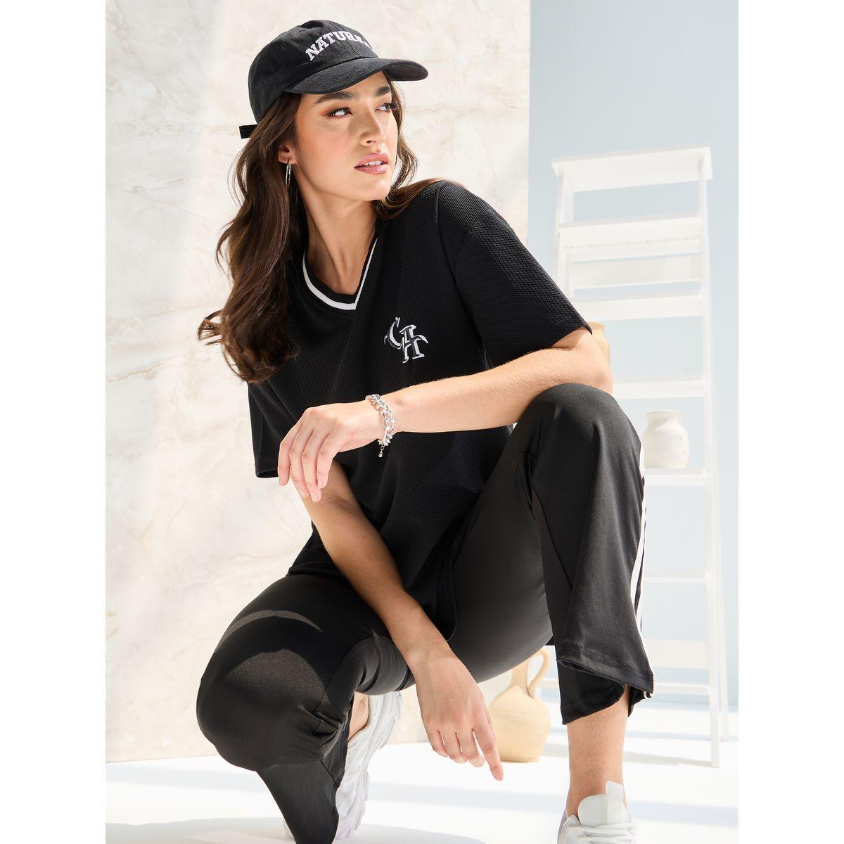 Styli Elevate Oversized Contrast Neck Rib Embroidered T-Shirt-women-clothing-tshirts-image-1
