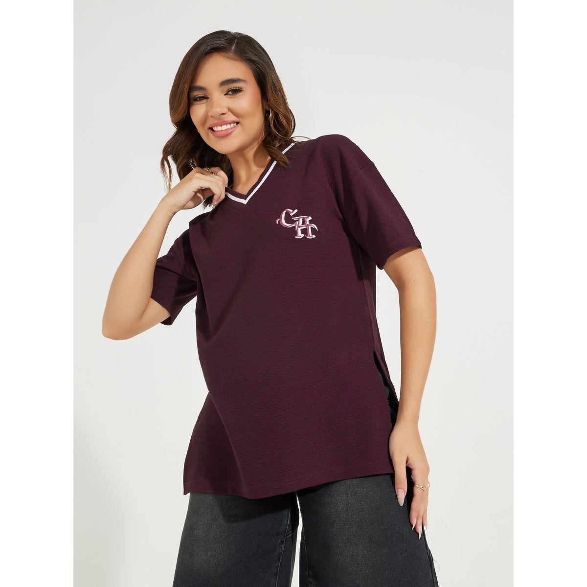 Styli Elevate Oversized Contrast Neck Rib Embroidered T-Shirt-women-clothing-tshirts-image-1