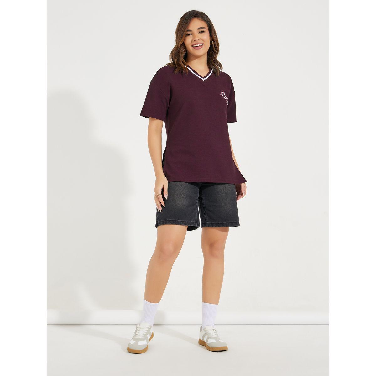Styli Elevate Oversized Contrast Neck Rib Embroidered T-Shirt-women-clothing-tshirts-image-2