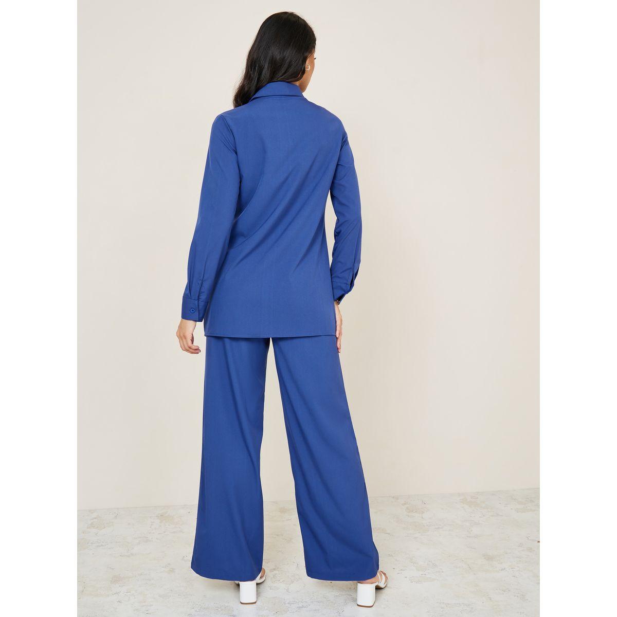 Styli Solid Longline Shirt & Wide Leg Trouser Co-Ord Set-women-clothing-coordsets-image-5