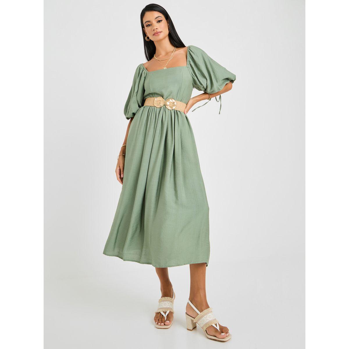 Styli Square Neck A-Line Midi Dress with Pockets-women-clothing-dresses-image-1