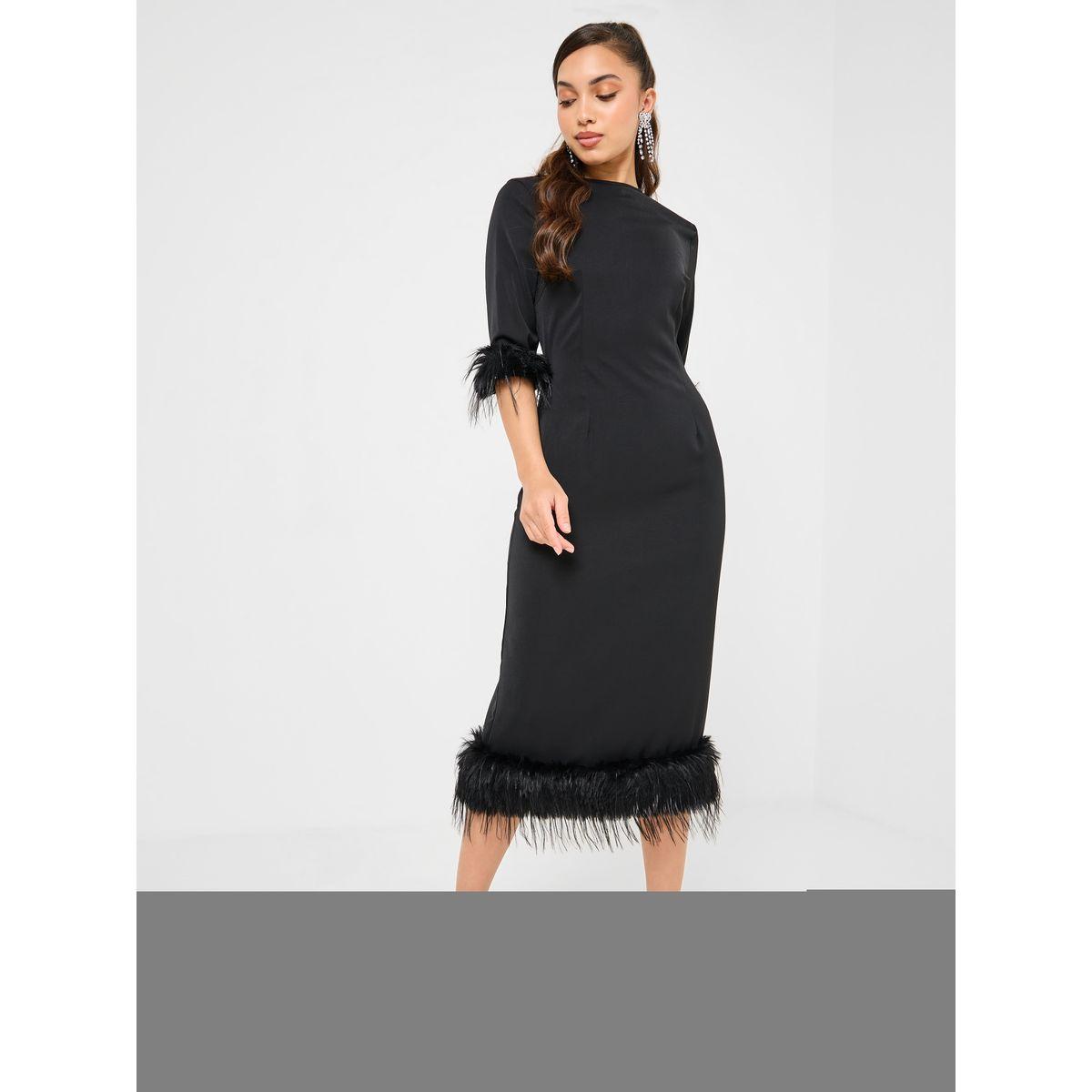 Styli Faux Feather Trim Pencil Midi Dress-women-clothing-dresses-image-2
