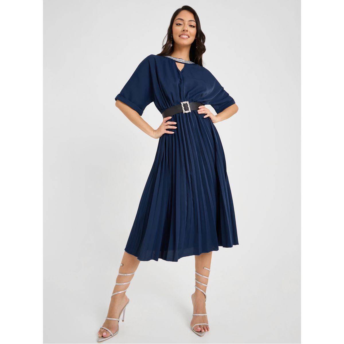 Styli Pleated Detail Belted A-Line Midi Dress-women-clothing-dresses-image-1