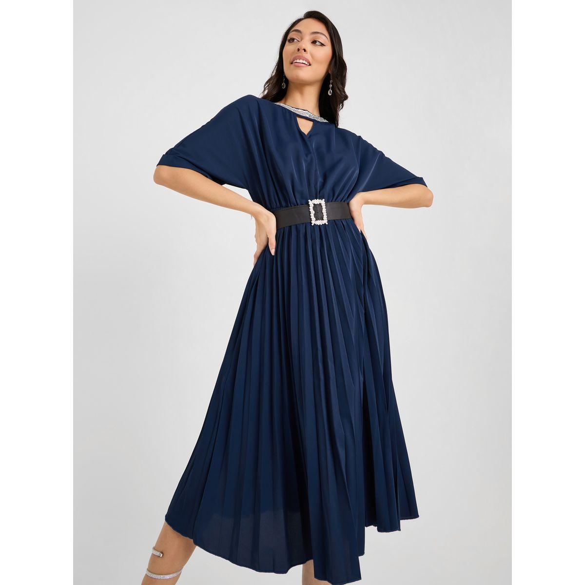 Styli Pleated Detail Belted A-Line Midi Dress-women-clothing-dresses-image-2