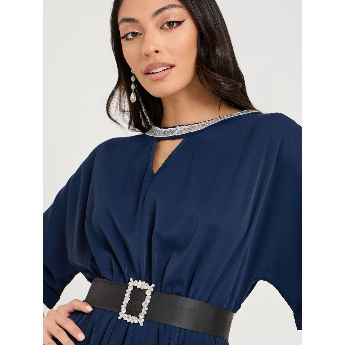 فستان ميدي بكسرات وحزام خصر-women-clothing-dresses-image-3