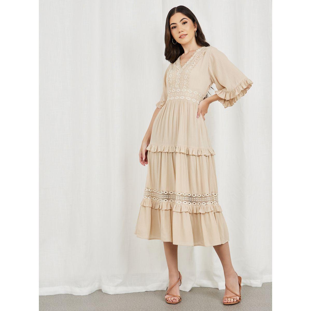 Styli Crepe Mesh Insert Frill Detail Tiered Midi Dress-women-clothing-dresses-image-1