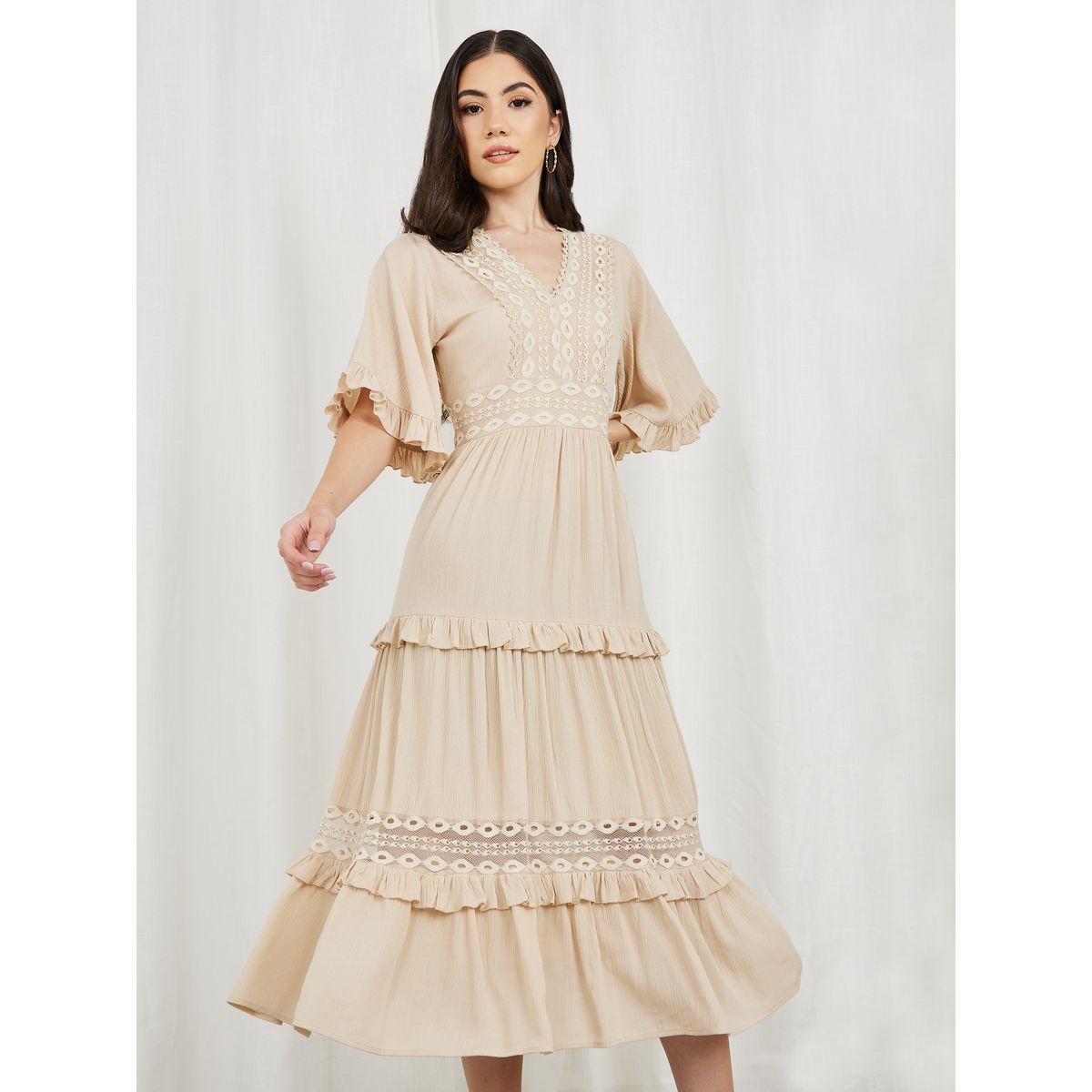 Styli Crepe Mesh Insert Frill Detail Tiered Midi Dress-women-clothing-dresses-image-2