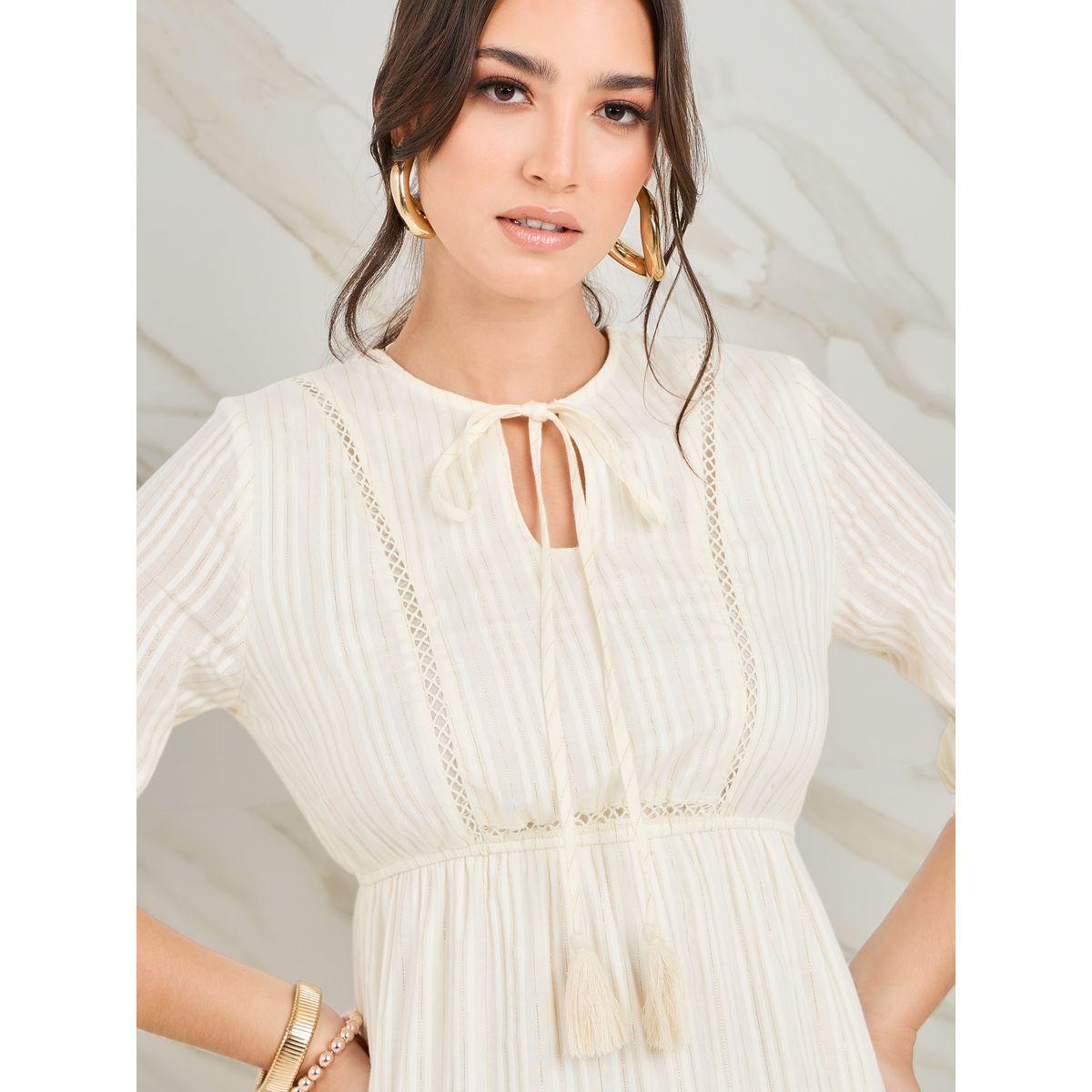Styli Striped Pattern Tie-Up Neck Tiered Midi Dress-women-clothing-dresses-image-4