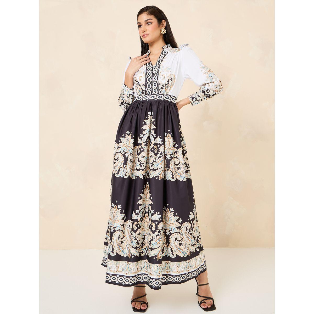 Styli Baroque Print Notch Neck A-Line Maxi Dress-women-clothing-dresses-image-1