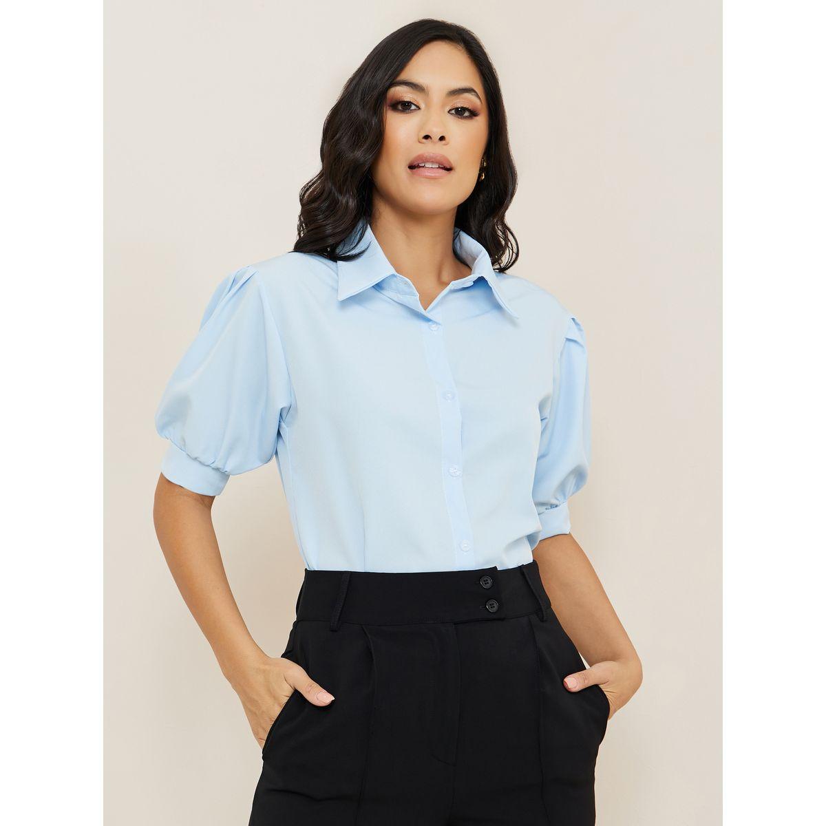 Styli Solid Puff Sleeve Shirt with Button Placket-women-clothing-shirtsandblouses-shirts-image-1